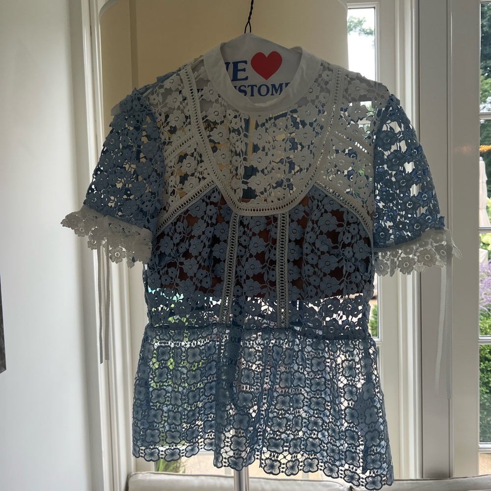 Self Portrait Blue and White Peplum Top